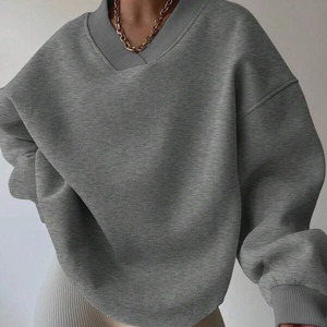 Coupe ample gris surdimensionné femmes col en V sweat lourd coton polaire pull décontracté à manches longues goutte épaule haut d'hiver - Product Image 1