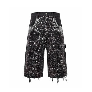 Custom 100% Cotton Acid Wash Rhinestone <b>Shorts</b> Vintage Streetwear with Solid Pattern for Sale - Product Image 1