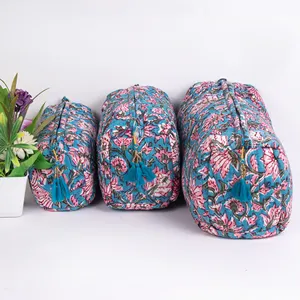 Borsa per il trucco in cotone trapuntato con stampa a mano floreale turchese Eco Friendly Kit per il giorno con cerniera borsa riutilizzabile all'ingrosso