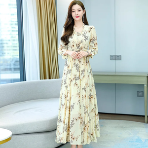 Vestido largo estampado de chifón plisado con cuello cuadrado, manga larga, estampado floral botánico, cinturón y cintura alta, para primavera/verano, uso diario, ODM - Product Image 2