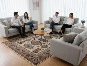 Tapis d'intérieur en laine noué à la main Kazak, beige, motif afghan avec motifs géométriques et animaliers, style persan, lavable, tissé, 5x7 pieds - Product Image 3