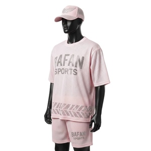<b>Men</b> Athletic Polyester Mesh <b>Short</b> Set 180 GSM Breathable <b>Pink</b> Gym Wear Reflective Heat Transfer Logo for <b>men's</b> set - Product Image 4