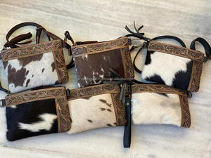 New Arrival Western Patterned Cowhide <b>Leather</b> New Stylish Handbag Carving Hand <b>Tooled</b> <b>Leather</b> Tassel Boho Hair on Hide Sling Bag - Product Image 2