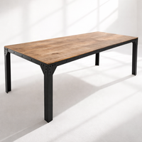 Table à manger carrée en bois de manguier massif |   Design industriel Japandi |   Table à manger pliable faite à la main avec finition antique et pieds en fer noir