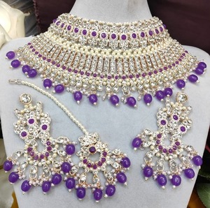 Luxury Purple Stone <b>Pearl</b> <b>Choker</b> <b>Necklace</b> Set with Earrings & Maang Tikka for Bridal & Party Wear - Product Image 3