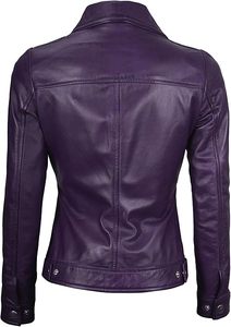 Chaqueta personalizada de piel de cordero para mujer, chaqueta de cuero auténtico, soporte de manga larga, dos bolsillos laterales delanteros, tela de lona morada, producto terminado - Product Image 4