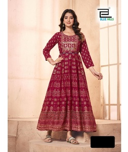 Indian Ethnic Wear Long Rayon print Anarkali Gown with Embroidery Work Fancy Festival Wear Kurtis with Plus size Available Gowns - Product Image 1