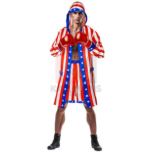 Costume de boxe drapeau américain pour hommes et femmes, robe de boxeur en satin pour adultes avec short, ceinture et gants de boxe - Product Image 1