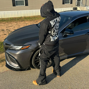 Rhinestone ácido lavado Zip Up Sudadera con capucha y Joggers Distressed Black Zip Up Conjunto completo Sudadera con capucha y Joggers Conjunto de pantalones de chándal - Product Image 3