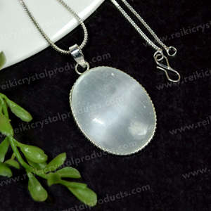Natural Selenite Oval Pendant Necklace with Metal Chain Healing <b>Crystal</b> <b>Jewelry</b> - Product Image 3