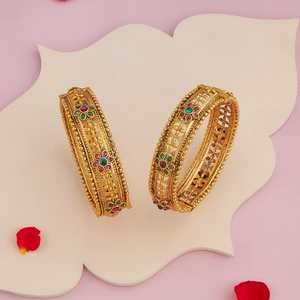 188971 Women's Antique Fashion Bangle with Gold Polish Flower Shape Bezel Setting <b>Ruby</b>-Green Stones for Wedding - Product Image 2