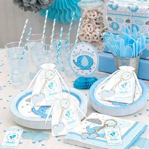 Porte-clés bleu avec empreintes de pieds, cadeaux avec sacs en organza blancs et étiquettes de remerciement, ensemble pour la fête de naissance de bébé garçon, décorations et fournitures - Product Image 3