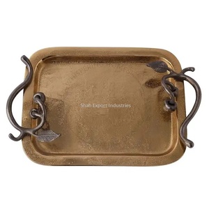 Aluminum Golden Serving <b>Tray</b> With Black Branch Handles Rectangular Kitchenware Dining Table Food & <b>Drink</b> Serving <b>Trays</b> - Product Image 2