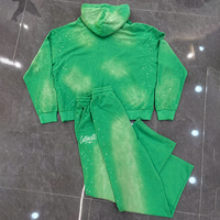 Ensemble de survêtement vintage délavé pour homme, deux pièces, sweat à capuche et pantalon de survêtement ornés de strass, vert, style streetwear athleisure, vente en gros, usine