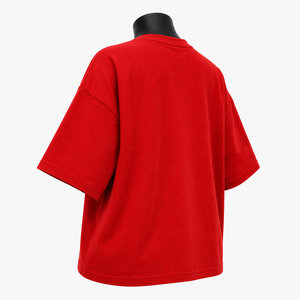 Camiseta Roja Extra Grande para Mujer, de Algodón, Corte Holgado, Cuello Redondo, Manga Corta, Bordado Floral, para Todas las Temporadas, Estilo Casual - Product Image 5
