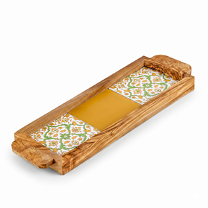 Plateau de service carré esthétique - Plateau ottoman personnalisé en bois d'olivier et céramique pour la décoration moderne de table basse - Product Image 1