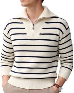 Suéter de Punto con Cierre de Cremallera de un Cuarto para Hombre, Color Blanco con Rayas Azul Marino, Cuello Acanalado, Cálido, Informal, para Invierno, OEM Personalizado - Product Image 1