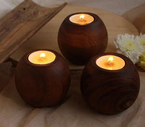 Porte-bougie votif en bois de manguier naturel artisanal de luxe avec silhouette sphérique ronde unique Décoration minimaliste Thé - Product Image 4