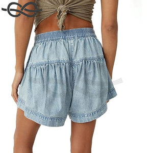 Pantalones cortos de mezclilla para mujer Casual verano cintura alta pierna ancha abotonado plisado volantes Jean Shorts moda comodidad - Product Image 4