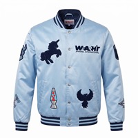 Blouson Bomber en Satin Personnalisé pour Homme Bleu Glace Marine avec Patchs en Chenille Brodés Logo Personnalisé OEM Streetwear
