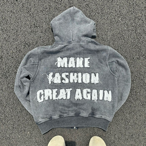 Vintage Cropped Zip <b>Hoodie</b> Custom Heavyweight 100% Cotton <b>Grey</b> Stone Washed Distressed Style Patchwork Embroidery Winter - Product Image 2