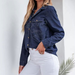 Chemise en jean à manches longues ajustée, boutonnée devant, vêtement décontracté, haut tendance pour le bureau et l'usage quotidien, chemise pour femmes - Product Image 5