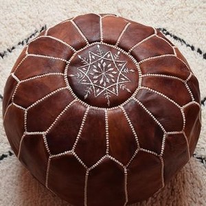 Handmade Genuine <b>Leather</b> Round <b>Pouf</b> Cover with Geometric Embroidery Bohemian Style Stitched Design Zipper Closure Home Decor - Product Image 2