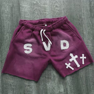 Meilleure qualité hommes Streetwear sueur court soleil délavé coton français éponge appliques détresse broderie Vintage lavage à l'acide court - Product Image 2