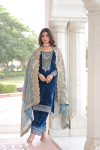 Ensemble pantalon et salwar en velours traditionnel pour femmes avec dupatta brodé, séchage rapide, tenue de fête, costume ethnique festif - Product Image 2