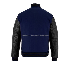 2026 OEM Men's <b>Top</b> Selling Navy Blue Wool With Black <b>Leather</b> Sleeves Varsity Jacket <b>High</b> Quality Low MOQ Heated Fashion Jackets - Product Image 2