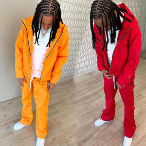 Custom Button Made Men's Winter Hooded Zipper Fly Nylon Two-Piece Windbreaker Short Tracksuit Sweatsuit Set - Product Image 1