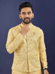 La plupart des tendances fantaisie à la mode attrayant vêtements ethniques concepteur pure soie avec broderie séquence travail homme Koti Kurta - Product Image 3