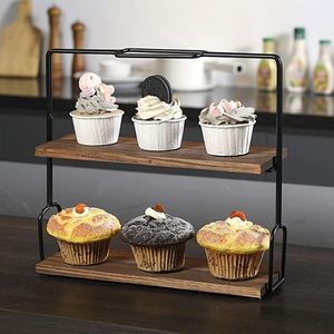 Modern Black Color Metallic Frame With Wooden Top 2 Tier Cake <b>Cupcake</b> <b>Stand</b> in Reasonable Price - Product Image 2