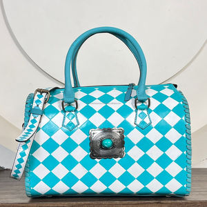 Hand <b>Tooled</b> Cowhide <b>Leather</b> Speedy Bag With Turquoise Concho Checkered Pattern Crossbody Handbags Stylish Travel Duffel Bags - Product Image 4