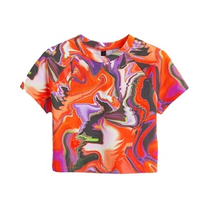 Camiseta recortada con diseño de calidad Premium para mujer, ropa elástica con estampado multicolor, a la moda - Product Image 1