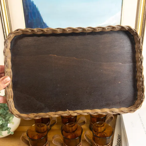 French Rattan and Wicker Tea Set with Amber Glass 1970s Retro Serving Set - Product Image 3