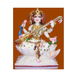 Escultura tradicional y hermosa de Saraswati Mata, hecha a mano en mármol blanco con acabado fino, para decoración del hogar, oficina y templo. - Product Image 1