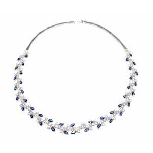 925 Sterling Silver White <b>Blue</b> Round Stone <b>Necklace</b> Leaf Motif Waterway Design Diamond Women Wedding Marquise Cut - Product Image 5