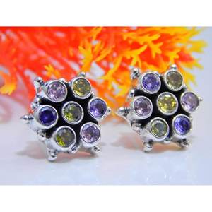 Boucles d'oreilles en argent sterling 925 Dainty Multi Gemstone Stud E0062-GS cadeau de bijoux de mariage minimaliste - Product Image 4