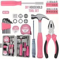 Kit de Herramientas Manuales de 24 Piezas con Cinta Métrica de Plástico, Cinta Aislante Eléctrica, Martillo, Destornillador, Alicates, Llave Allen y Estuche, Color Rosa, para Reparaciones del Hogar