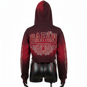 Haut à capuche pour femme en coton mélangé de qualité supérieure 300 GSM, tissu dégradé rouge et noir avec logo en strass, manches flamme, ourlet brut, personnalisable - Product Image 2