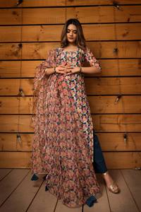 Mogra Modal Chanderi Silk Casual Dress Set Organza Dupatta Half Sleeve Floral Print Natural Embroidery Made Cotton - Product Image 2