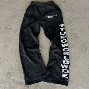 OEM personalizado de los hombres Streetwear Heavyweight Jogger pantalones desgastados bordado Vintage piedra ácido lavado 100% algodón pantalones de chándal acampanados - Product Image 4
