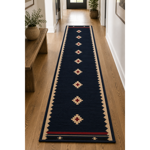 Tapis d'escalier en laine tissé à la main bleu marine, motif géométrique sud-ouest, lavable et antidérapant - Product Image 4