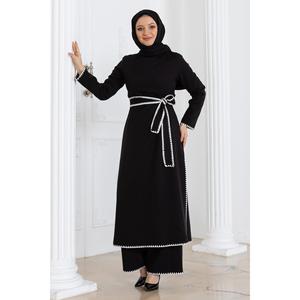 Conjunto de 2 piezas de cinturón casual negro con costuras estilo pastor, 100% poliéster, ajuste regular, MSW19365-1, largo midi - Product Image 3