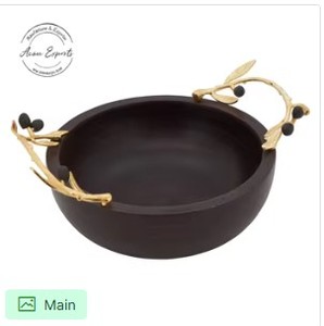 Ensemble de saladiers en bois faits à la main avec intérieur en émail floral et serveurs en métal, parfait pour servir les repas et la décoration de la maison - Product Image 4