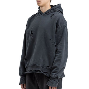Parches bordados desgastados Sudadera con capucha Hombres Streetwear Sudaderas con capucha Logotipo áspero personalizado Algodón de gran tamaño Desgastado con capucha 2025 - Product Image 3