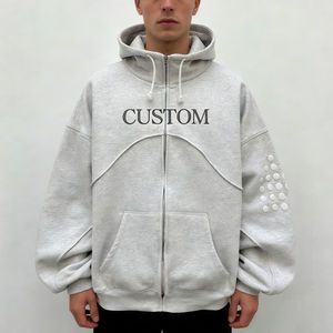 Sweat à capuche décontracté surdimensionné pour homme, gris clair, en coton, avec fermeture éclair, imprimé personnalisé et décor à pois blancs - Product Image 1