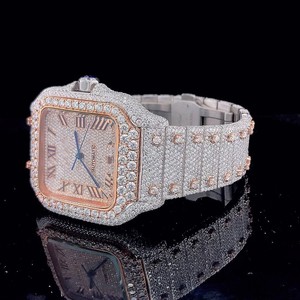 Montre analogique de luxe à prix imbattable, en or rose antique glacé, avec diamants, clarté VVS, moissanite, boîtier en acier étanche, cadran pour femme/homme - Product Image 3