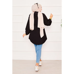 Double Collar Modest <b>Tops</b> Black Hijab Shirt with Drawstring Waist - Product Image 4